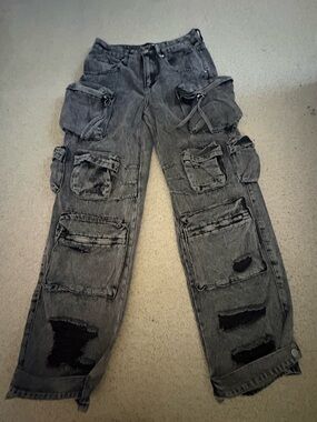 Women’s Black Washed Cargo Jeans with Utility Pockets